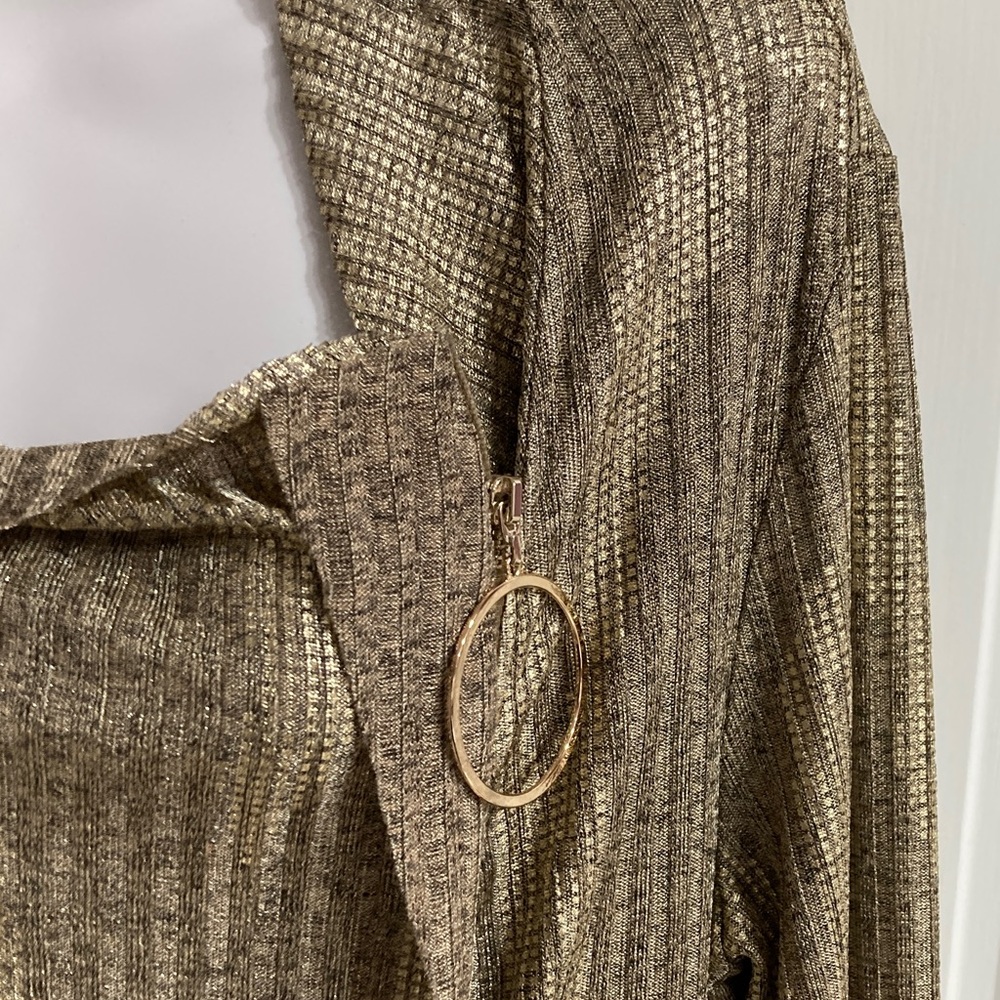 Vintage disco inspiredShimmering Gold Cowl Neck top with large O zipper - Picture 2 of 5